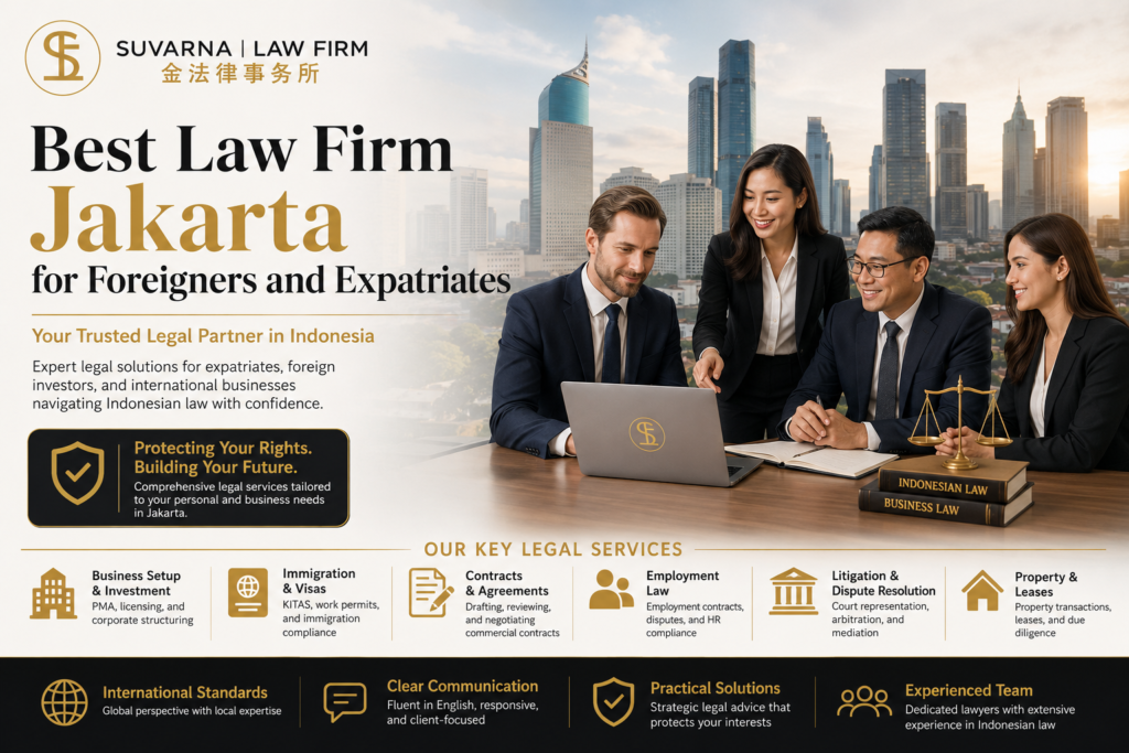 Best Law Firm Jakarta legal team from Suvarna Law Firm assisting foreigners, expatriates, and international businesses with corporate law, immigration, contracts, and dispute resolution services in Indonesia.