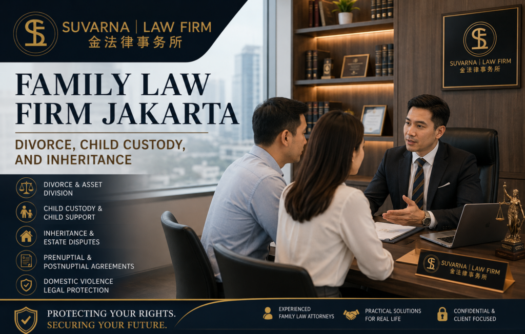 Family Law Firm Jakarta consultation for divorce child custody and inheritance legal services at Suvarna Law Firm office.