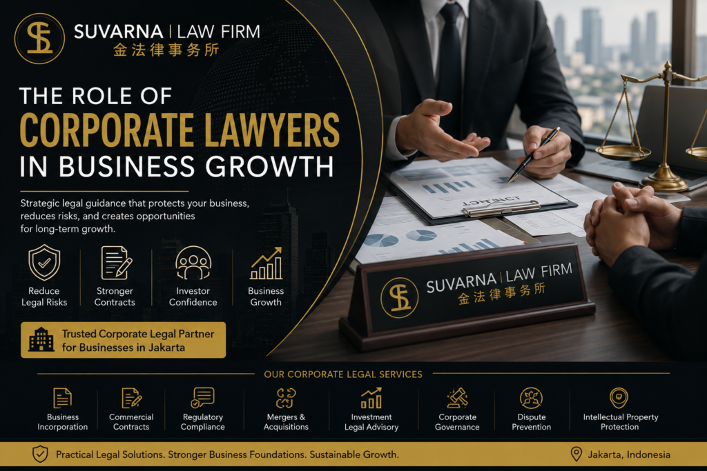 Corporate Lawyers at Suvarna Law Firm providing strategic legal advice for business growth, commercial contracts, investment, and corporate compliance in Jakarta.