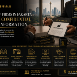 Professional infographic showing how law firms in Jakarta handle confidential client information through encrypted communication, secure document storage, strict access controls, staff training, and legal compliance.