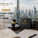 Legal Terms guide for business owners in Jakarta featuring Suvarna Law Firm with contract documents, legal books, and business law symbols.