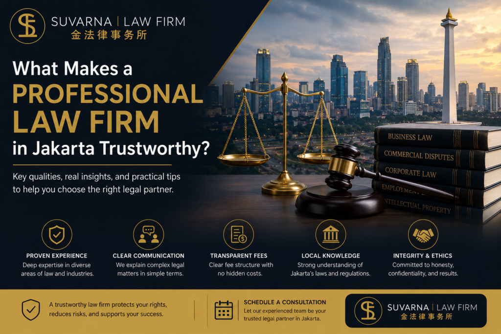 Professional Law Firm in Jakarta featuring Suvarna Law Firm with key trust factors including proven experience, transparent fees, local legal knowledge, and ethical legal services