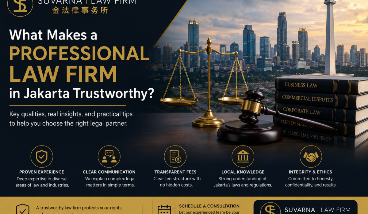 Professional Law Firm in Jakarta featuring Suvarna Law Firm with key trust factors including proven experience, transparent fees, local legal knowledge, and ethical legal services