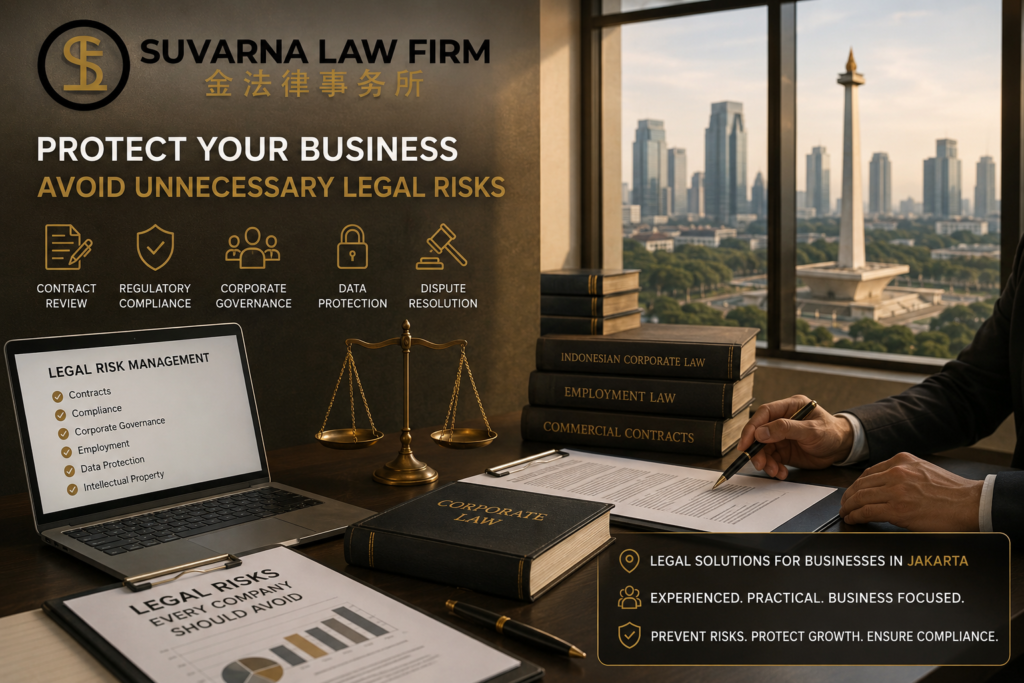 Legal Risks Every Company should avoid illustrated through a business meeting with Suvarna Law Firm in Jakarta, focusing on contract review, regulatory compliance, corporate governance, and legal risk management.