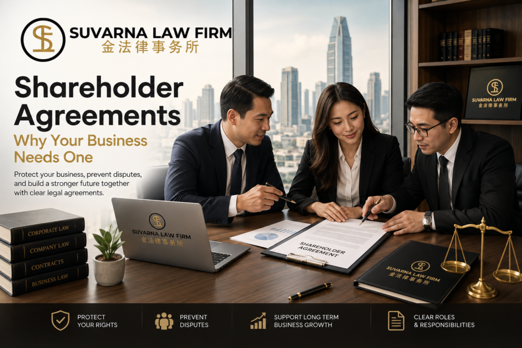 Business partners reviewing Shareholder Agreements with a corporate lawyer in Jakarta before signing legal documents.