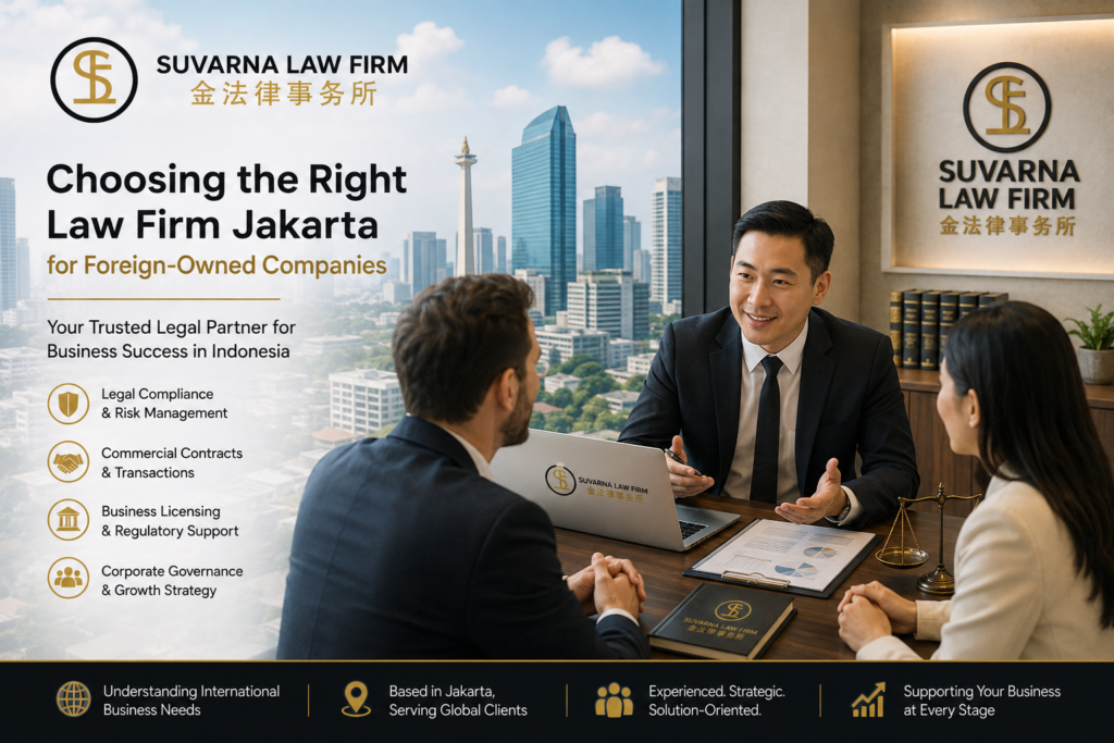 Choosing the Right Law Firm for foreign owned companies in Jakarta, showing legal consultation at Suvarna Law Firm for business licensing, corporate compliance, and foreign investment services.